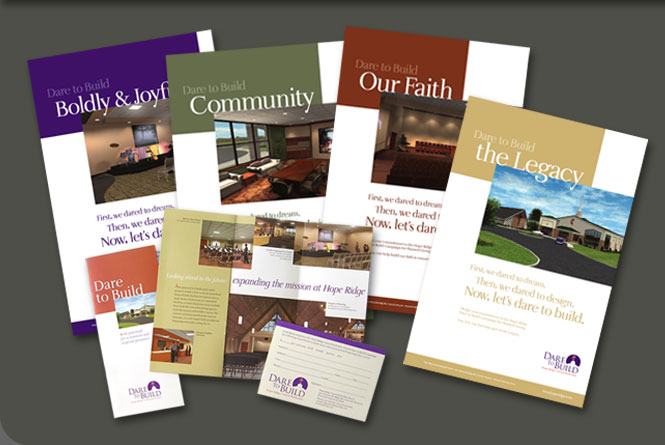 Dare to Build fundraising campaign logo, brochure, pledge card and posters for Hopr Ridge United Methodist Church, Concord, Ohio