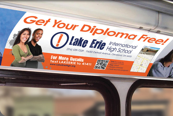 Interior transit ad for Lake Erie International High School.